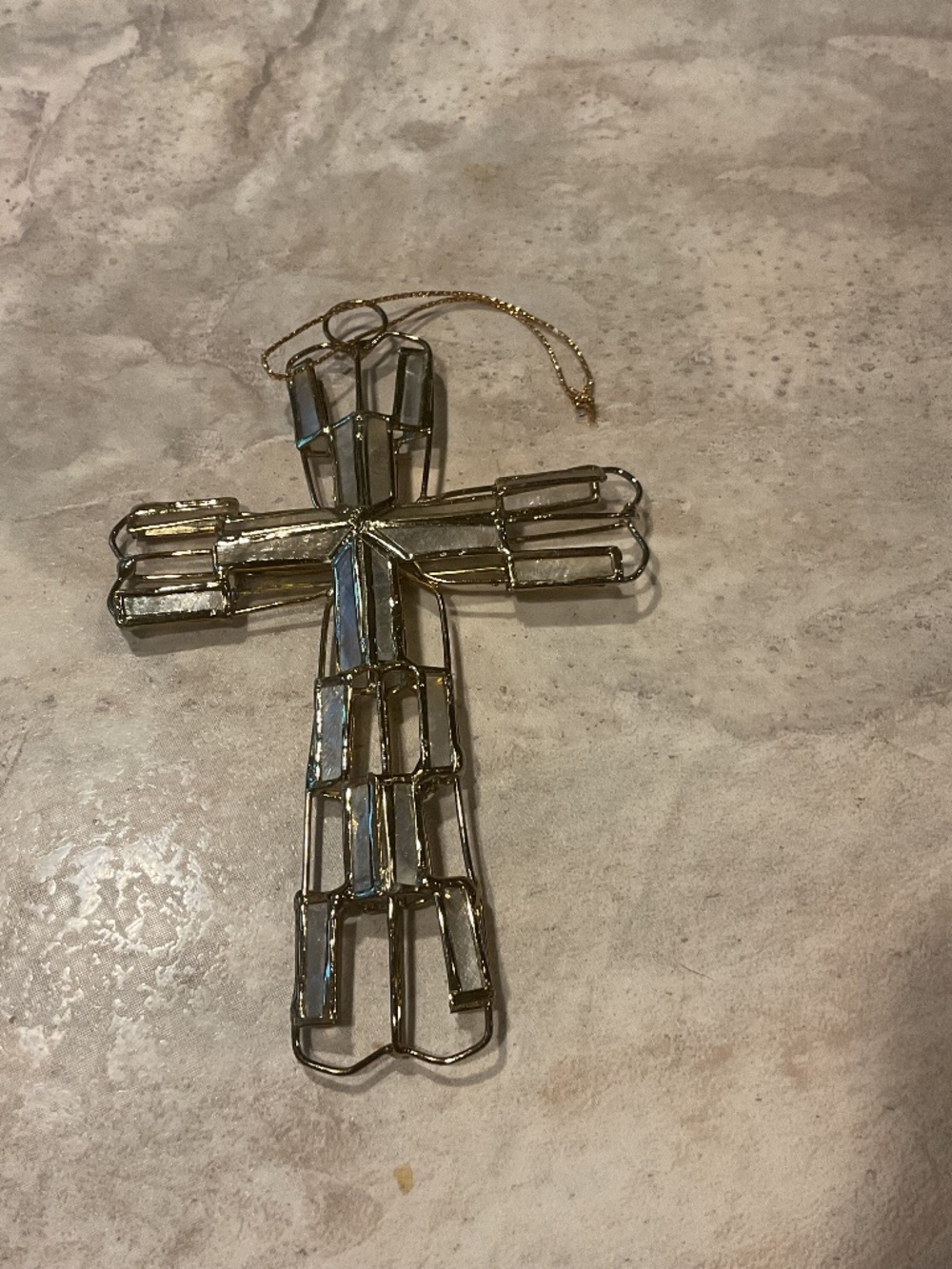 Frosted glass Cross Ornament 5.5” long Goldtone metal wire